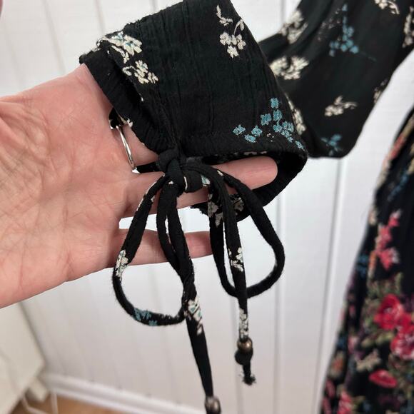 Angie Floral Boho Wrap Dress Women Large Black Rose Print Long Sleeve Midi - Picture 3 of 9